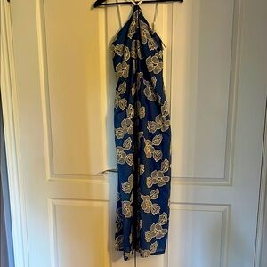 Blue Halter Dress with White Floral Pattern